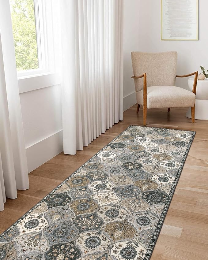 Lahome Moroccan Washable Runner Rug, 2x6 Soft Kitchen Runner Rug Non Slip | Vintage Trellis Laundry Room Rug Vintage Ultra-Thin Long Carpet for Kitchen Bedroom Elise, Grey