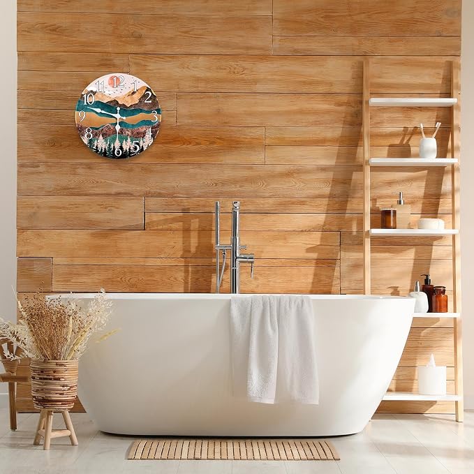 Britimes Round Wall Clock Silent Non-Ticking Battery Operated Outdoor Waterproof Glass Clock 12 Inch, Sunrise Mountain Forest Home Decor for Living Room, Kitchen, Bathroom, Bedroom, and Office