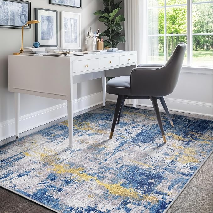 RELEANY Washable 5'x7' Abstract Area Rug for Living Room Blue Gold | Carpet for Bedroom, Kitchen, Office, Hallway and Entryway, Printed Pattern, Non‑Slip, Soft, Stain‑Resistant, Easy to Clean