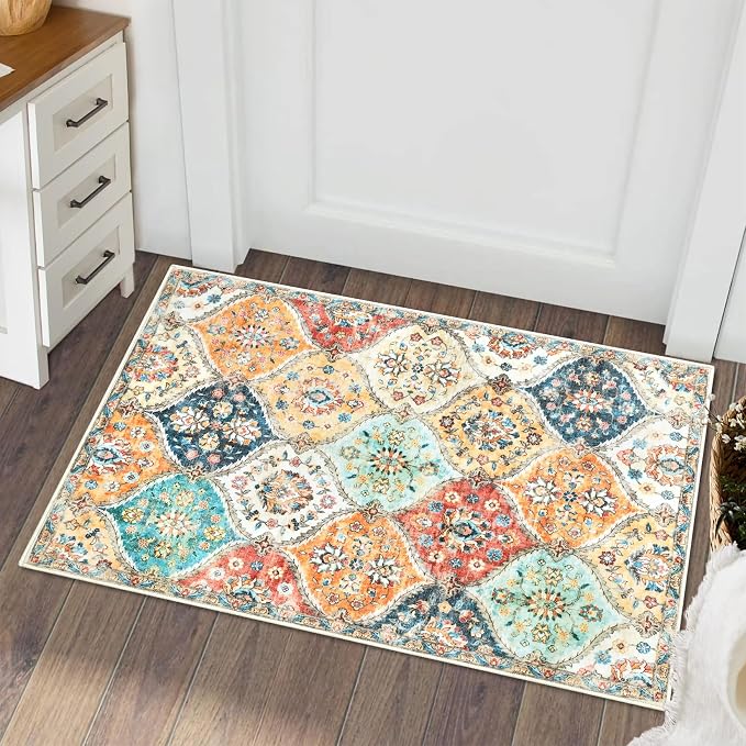 ROYHOME Washable Area Rug Moroccan Trellis Entryway Rug Doormat, 2' x 3' | Stain Resistant Non-Slip Accent Rug Vintage Medallion Distressed Floor Carpet for Front Entrance Kitchen Bathroom, Cream