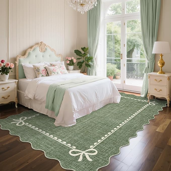 GarveeHome Scalloped Bow Rug 8x10 Washable Green Rug for Living Room | Non Slip Soft Low Pile Indoor Large Carpet for Nursery Girls Bedroom Decor Hallway Kids Room College Dorm Playroom
