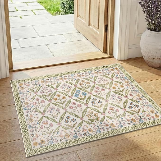 jinchan 2x3 Vintage Floral Washable Accent Entryway Area Rug, Sage Green | Soft & Lightweight, Checkered Floral, Low Pile, Non Slip, Entrance, Kitchen, Bedroom, Laundry Room, Samll, Doormat
