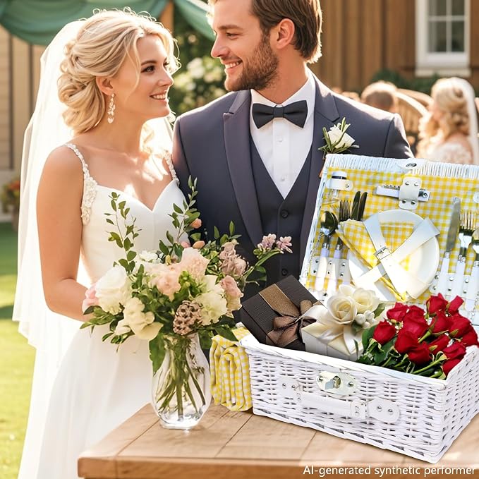 Picnic Basket Set for 4 with Waterproof Blanket Mat Insulation Bag Wicker White Yellow Light Fresh Gifts for Wedding Birthday Summer Camp Outdoor Camping Beach Travel Christmas Thanksgiving