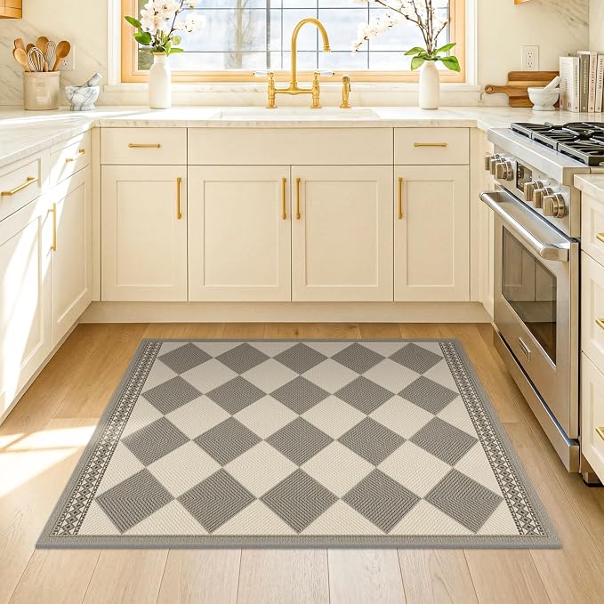 Beige Gray Diamond Easy Jute 3x4 Indoor Outdoor Rug, Checkered Farmhouse Geometric Decor Porch Entryway Carpet, Washable Non Slip Patio Rug for Laundry Room, Kitchen, Backyard or Mudroom