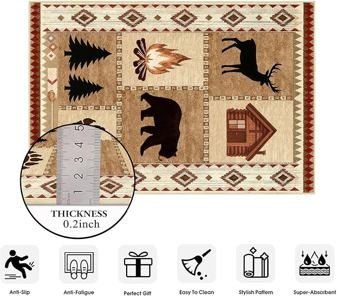 Cabin Bear Rustic Rug 2x3 for Entryway Lodge Deer Wildlife Country Area Rug Farmhouse Animal Western Door Mat Machine Washable Non-Slip Printed Low-Pile Carpet for Kitchen Bathroom Laundry Room