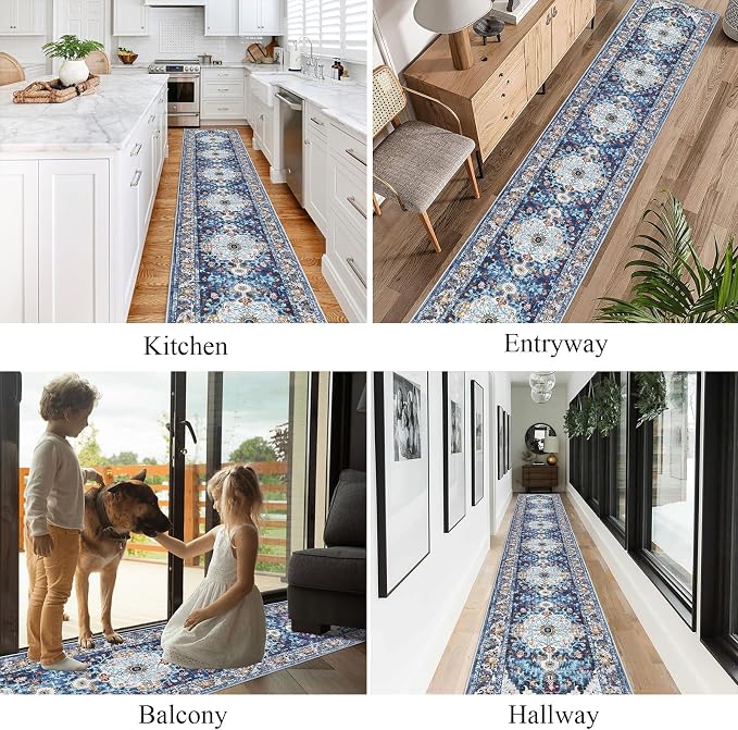 U'Artlines 2'x14' Boho Hallway Runner Rug Non Slip Washable Runners,Blue | Vintage Farmhouse Kitchen Rug Accent Area Carpet for Entryway Laundry and Living Room