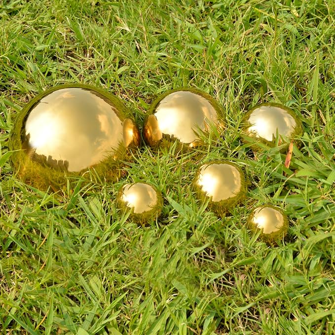Gazing Ball Garden Mirror Outdoor - Outside Decorative Globe, Gold 6Pcs Mix | Metal Polished Reflective Hemisphere, Stainless Steel Hollow Decoration Ornament, for Home Pond Swimming Pool Housewarming