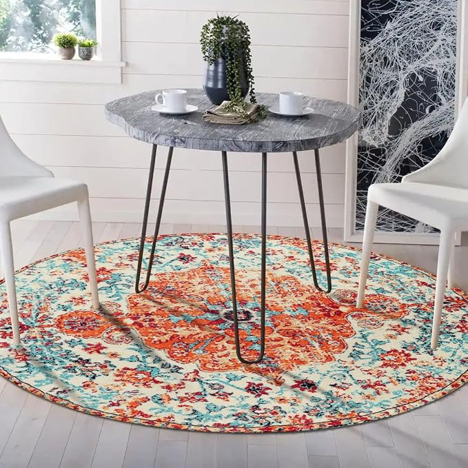 Lahome Bohemian Floral Medallion Round Rug - 4Ft Soft Bedroom Area Rug Oriental Distressed Washable Entryway Foyer Throw Mat Non-Slip Door Carpet for Dining Living Room Bedside Nursery, Orange/Multi