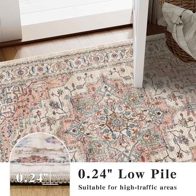 2’6″x 8’ Vintage Runner Low Pile Non-Slip Washable Hallway Rug | Retro Distressed Print Rug Non-Shedding Beige Pink Carpet Stain Resistant Long Rug for Hallway Kitchen Bedroom Laundry Room