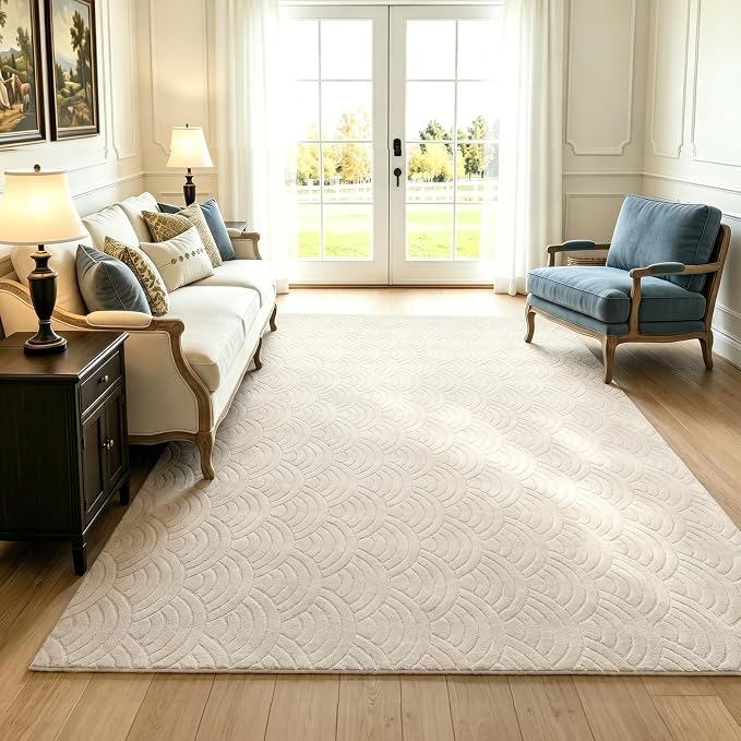 SHACOS Soft Fluffy Arch Waves Pattern High-Low Textured Area Rug 8'x10' | Cozy Large Non Slip Washable Minimalist Rug Modern Graphic Rainbow Carpet for Living Room Bedroom Dining Room, Cream