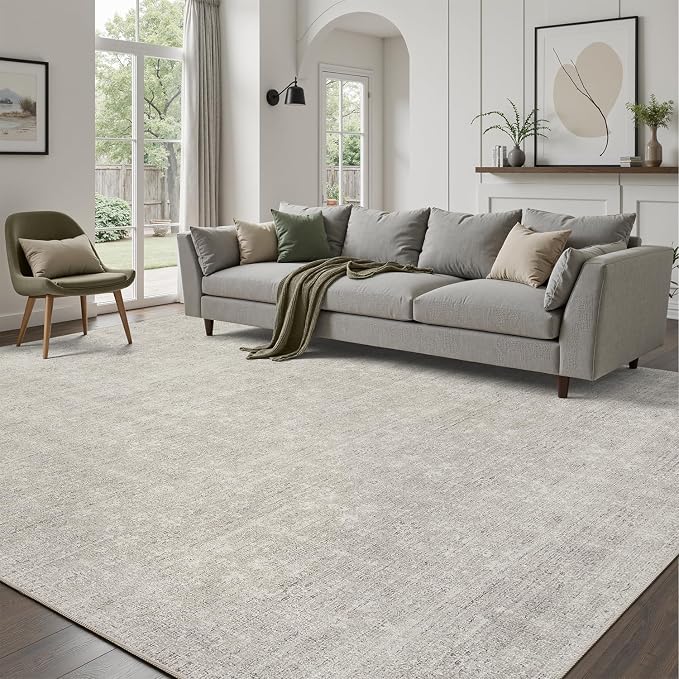 DCX Washable 6x9 Area Rug for Living Room, Soft Beige Gray Neutral Floral Rug with Non-Slip Rubber Backing, Kid & Pet Friendly Low Pile Stain Resistant Carpet for Bedroom, Nursery