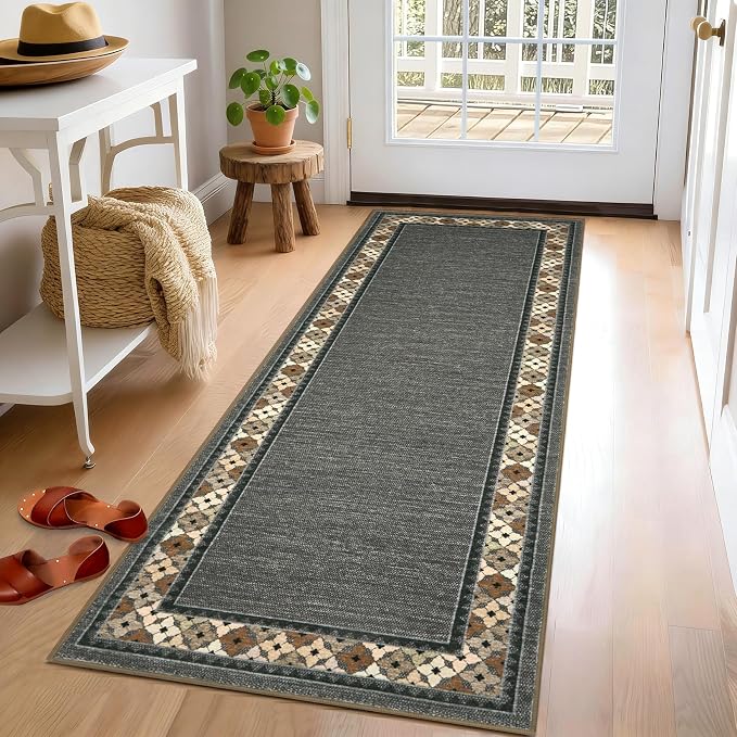 Garvee 2x6 Tribal Border Kitchen Rugs Washable Rugs for Hallway, Brown | Floral Border Area Rug Stain Resistant Easy Cleaning Throw Rugs Low Pile Floor Cover for Bedroom Laundry