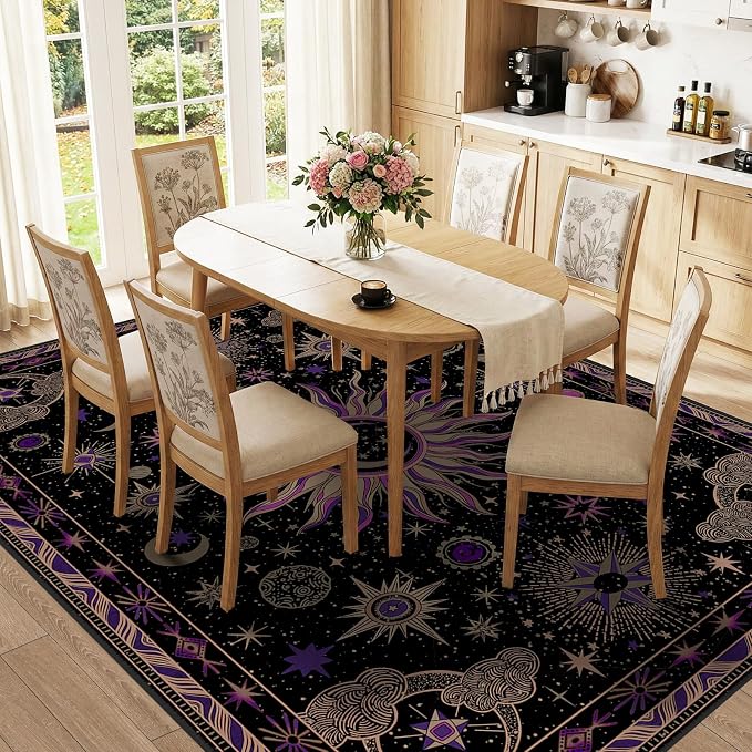 Vacuum-Friendly, 8x10 Washable Area Rug, Black Purple Beige | Sun and Moon Boho Gothic Non-Slip Low Pile Living Roon Bedroom Dining Room Kitchen Entry Entryway Entrance Hallway Doormat