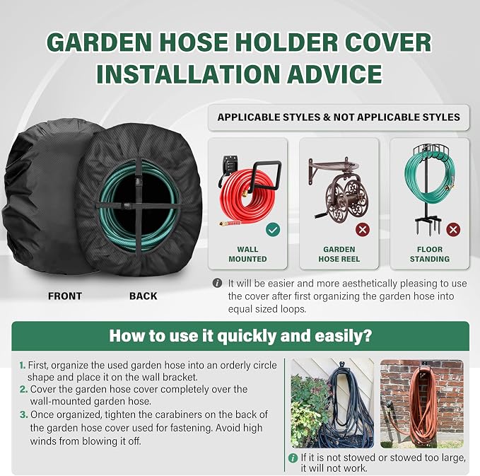 Wall-Mounted Hose Holder Cover - Fits Standard 5/8" Hoses (0-75 ft), Extends Hose & Hook Lifespan - Weatherproof Protection Against Rain, Sun & Snow - Black Cover Only