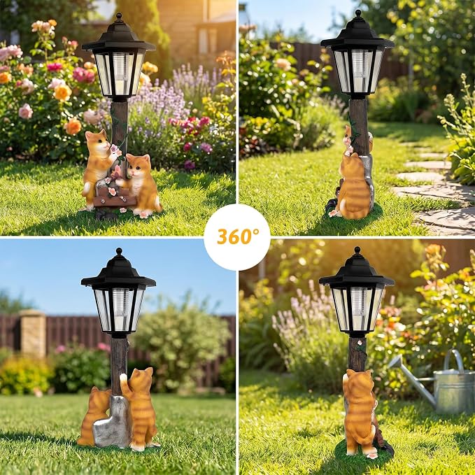 Solar Cat Garden Decor, Outdoor Statues with LED Lantern Cat Figurine for Outside Patio Yard Backyard Gifts for Mother's Day Birthday Housewarming