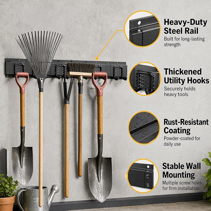 CBWLWJ Garage Tool Organizer Wall Mount, 48 inch Garage Wall Organizer, 400lbs Sturdy Garden Tool Organizer with 7 Adjustable Hooks, for Yard, Shed, Basement, Workshop(Black)