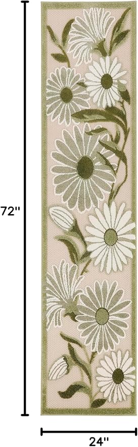 Nourison Home Aloha Ivory Green 2' x 6' Area Rug - Easy Clean, Non Shedding, Bed Room, Living Room, Dining Room, Kitchen (6' Runner)