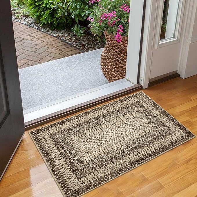 RUGSREAL Entryway Rug 2x3 Small Bedroom Washable Rus with Rubber Backing | Living Room Non Slip Bathroom Mat Stain Resistant Braided Print Carpet for Dining Room Kitchen Hallway, Camel