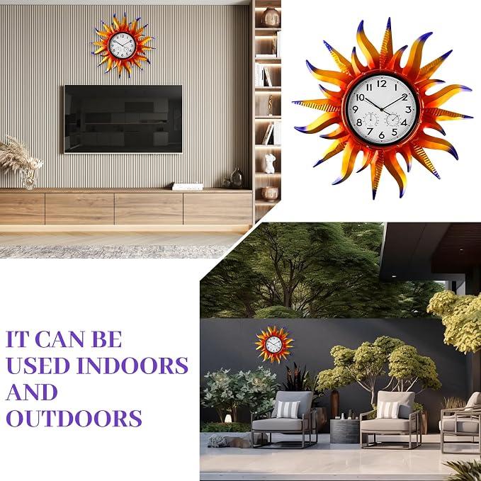 Large Sun Outdoor Clock with Thermometer & Hygrometer Combo, Silent No-Ticking Indoor Outdoor Wall Clock, Waterproof Quartz Clock for Patio,Kitchen, Living Room,Bathroom,Garden，25 Inch Violet