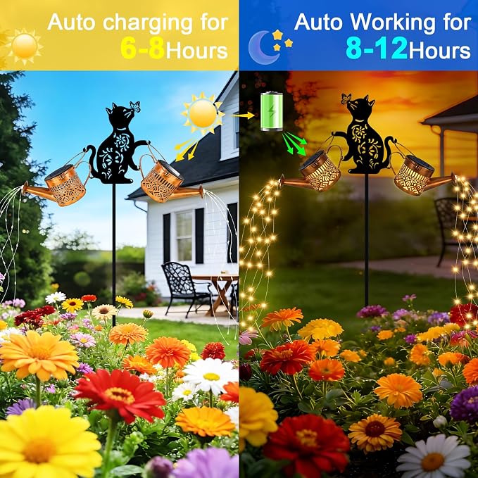 2 Pack Solar Watering Can Lights Waterproof, Metal Hanging Lantern Lights with Cat Silhouettes Stakes, Outside Garden Decor for Yard Patio Pathway, Gifts for Women Mother's Day Cat Lover Warm White