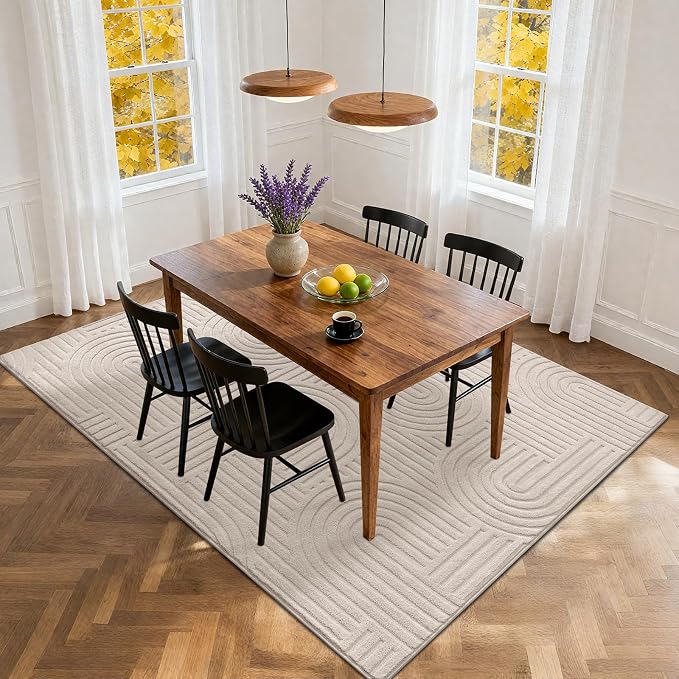 SHACOS Soft Cozy Fluffy Arch Pattern High Low Pile Area Rugs 4'x6' Non Slip Washable Scandinavian Minimalist Rug Modern Geometric Arc Carpet for Living Room Bedroom Dining Room, Beige