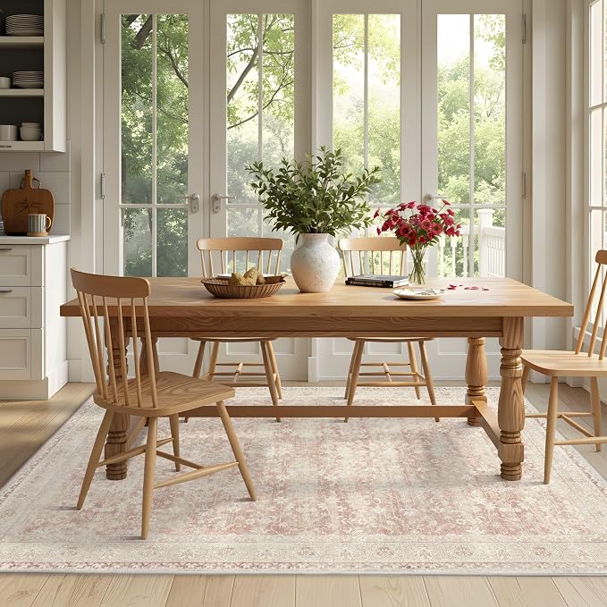 Latte&Fog Washable Area Rugs for Living Room 5x7 Pink Rug for Girls Bedroom | Non Slip Low Pile Soft Floral Cute Carpet for Dining Kitchen Kids Playroom Nursery Guest Room Classroom Dorm Farmhouse Office