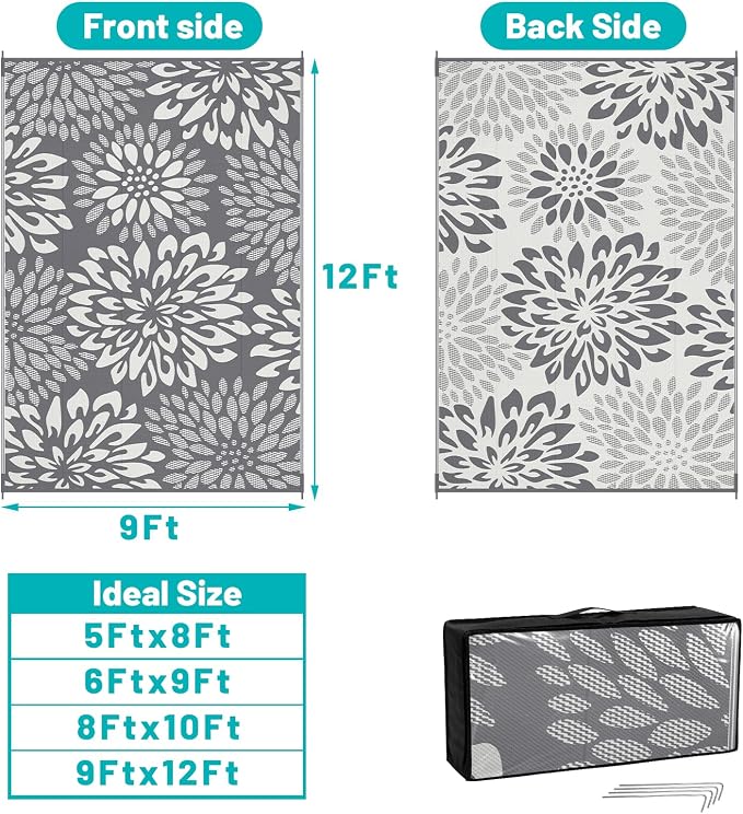 HEBE Waterproof Outdoor Rug 9x12 for Patios, Floral Reversible Plastic Straw Rug Patio Mat, Indoor Outdoor Carpet RV Mat Camping Rug for Deck, Camper, Porch, Balcony, Backyard, Picnic