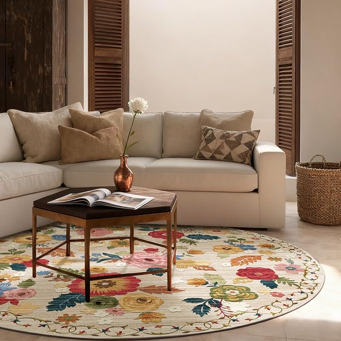 4ft Washable Round Rugs for Bedroom: Circle Living Room Rug Floral Vintage Non Slip Low Pile Soft Faux Wool Non Shedding Small Circular Rug for Kitchen Entryway Bathroom Bedside Office Dorm Kids Room