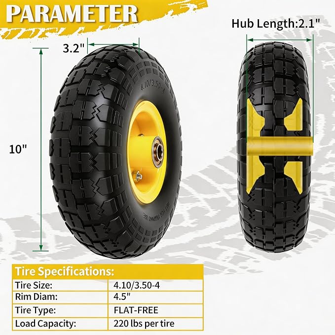 4.10/3.50-4 Tire and Wheel Flat Free, 10" Solid Tire 220LB Capacity Each, with 5/8" Bearings and 2.1" Offset Hub, for G orilla Cart, Garden Cart, Trailer, Dolly, Hand Truck, Wagon, 4 Pack, Yellow