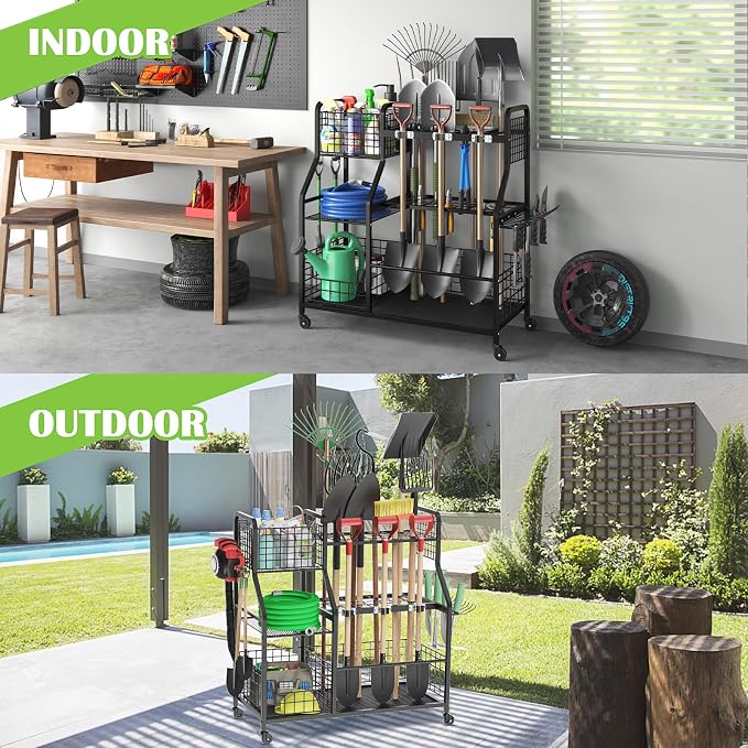 keomaisyto Garden Tool Organizer with Heavy Duty Wheels for Garage - with 2 Baskets, Large Yard Tool Organizer and Storage Holder, Utility Garden Tool Rack for/Shed/Garage/Yard/Basement/Lawn