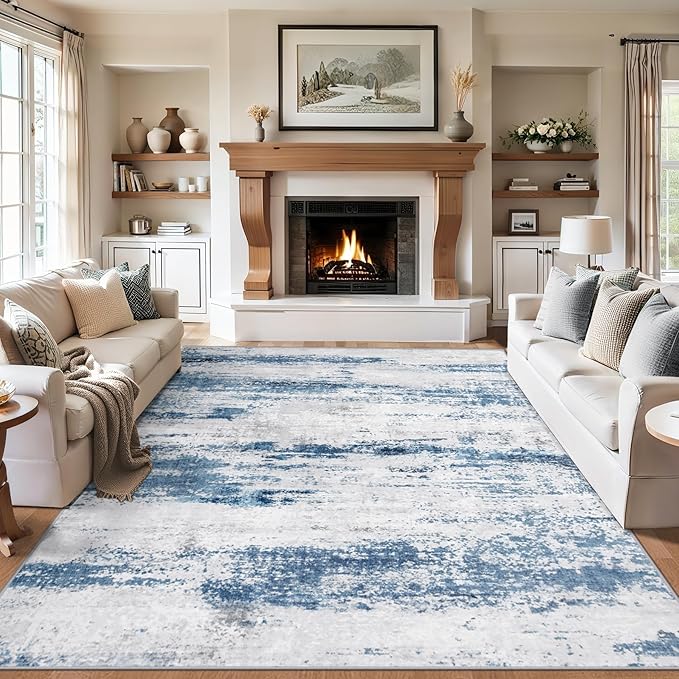 PLHXFR Area Rug Living Room: 5x7 Abstract Washable Carpet White Blue | For Bedroom Dining Room Farmhouse Nursery Home,Machine washable,Non Slip,Large Soft Neutral,Stain Resistant, Indoor Floor