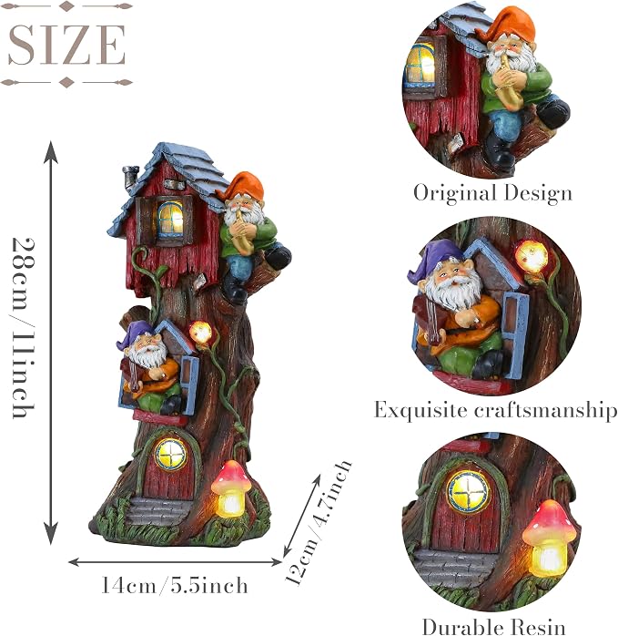 TERESA'S COLLECTIONS 11" Tall Large Garden Statues Gnome Treehouse with Solar Outdoor Light, Dad Gifts for Men,Resin Garden Decor Lawn Ornaments for Patio Yard Decor Gifts for Mom