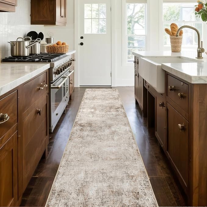 Abstract Beige Runner Rugs for Hallway: Washable Runner Rug 2x10 for Kitchen Entryway Bathroom Bedroom Indoor - Easy Clean Soft Thin Floor Mat - Modern Neutral Decor Throw Carpet