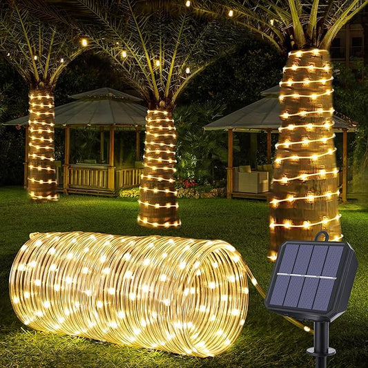 Jnaurb Solar Rope Lights, 66ft 200LED Solar String Lights, 8 Modes Waterproof Solar Outdoor Light, Flexible Clear Trampoline Light for Garden Backyard Patio Deck Porch Pool Tree Decor - Warm White