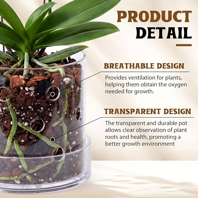 4 Inch 5 Inch Clear Acrylic Orchid Planter Pot with 360° Round Holes & Tray, Thick Acrylic Vented Planter for Phalaenopsis, Root Airflow, Bottom Watering & Indoor Orchid Repotting