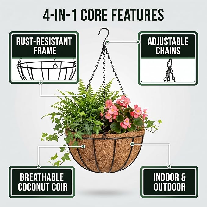 Kingbuy 10 Inch Metal Hanging Planter Basket with Coconut Liner Wire Plant Holder Watering Flower Baskets Round Pot Hanger Garden Decoration for Indoor Outdoor