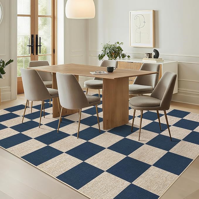 GarveeHome 9x12 Checkered Easy Jute Rugs for Bedroom Machine Washable Large Rugs Non-Slip Backing Modern Neutral Stain Resistance Carpets for Farmhouse Patio Dining Room Backyard Navy Blue