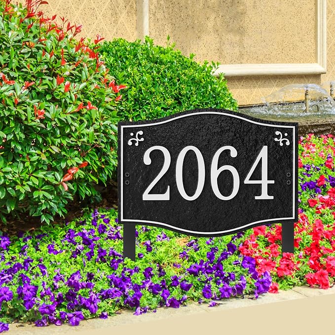 Personalized Address Plaque Sign - LAWN MOUNTED, House Address Signs for Outside Use for House,Apartment,Office,Yard (Blue/Copper)