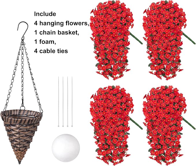 HyeFlora Artificial Fake Hanging Flowers Plants Basket for Outdoor Outside Spring Summer Decor, Faux Silk Red Daisy Flower Look Real UV Resistant Orchid Vine Plant for Porch Garden Yard Patio Home