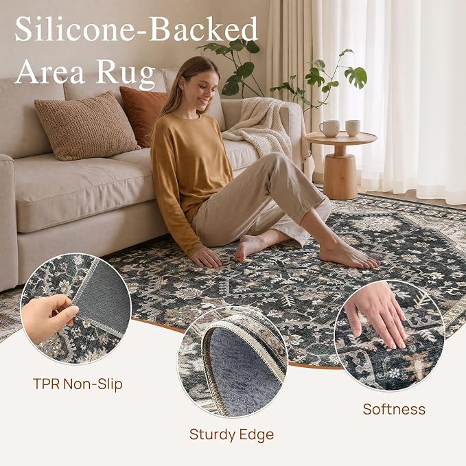 DTICON Vintage Washable 9x12 Area Rug Living Room Rugs, Black | Boho Distressed, Pet & Kid Friendly, Non-Slip Backing, Soft Polyester, Low-pile Carpet for Living Room, Bedroom, Dining Room