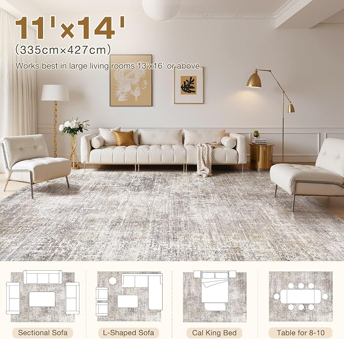 kakania Abstract 11x14 Area Rugs for Living Room: Washable Rugs Brown Gold | Soft, Non-Slip, Low-Pile, Pet & Kid Friendly - Large Modern Home Decor Carpet for Bedroom/Dining Room/Office/Nursery