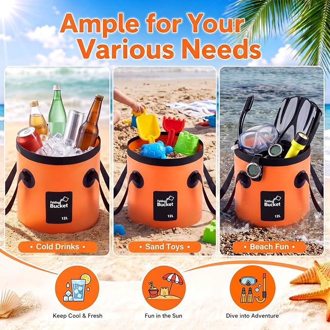 3 Gallon 3 Pack Collapsible Bucket, Foldable Water Bucket with Handles, Portable Camping Buckets for Fishing, Hiking, Cleaning, Outdoor & Travel Use (Orange)