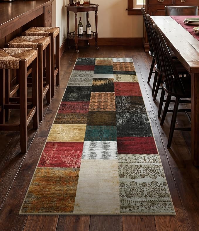 Mid Century Modern Vintage Cowboy Runner Rug 2x6,Retro Patchwork Bedroom Rug,Red and Brown Floral Farmhouse Rugs Washable for Hallway Non Slip,Geometric Boho Area Rugs for Living Room