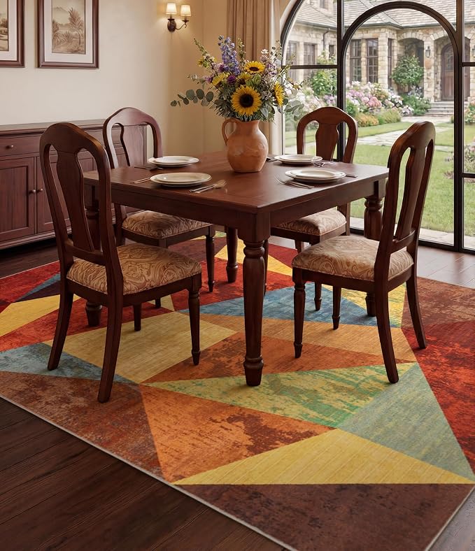 Brown Area Rug 5x7,Geometric Burnt Orange Area Rug Non Slip,Farmhouse Rugs Washable,Vintage Burgundy Carpets for Bedroom, Boho Rug for Kitchen,Dining Room