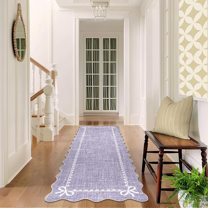 GarveeHome Scalloped Hallway Runner Rug 2x6 Non Slip Bedroom Rugs,Purple | Washable Bow Rug for Girls Dorm Nursery Living Room Entyrway Kitchen, Soft Low Pile Ultra-Thin Stain Resistant Indoor Carpet