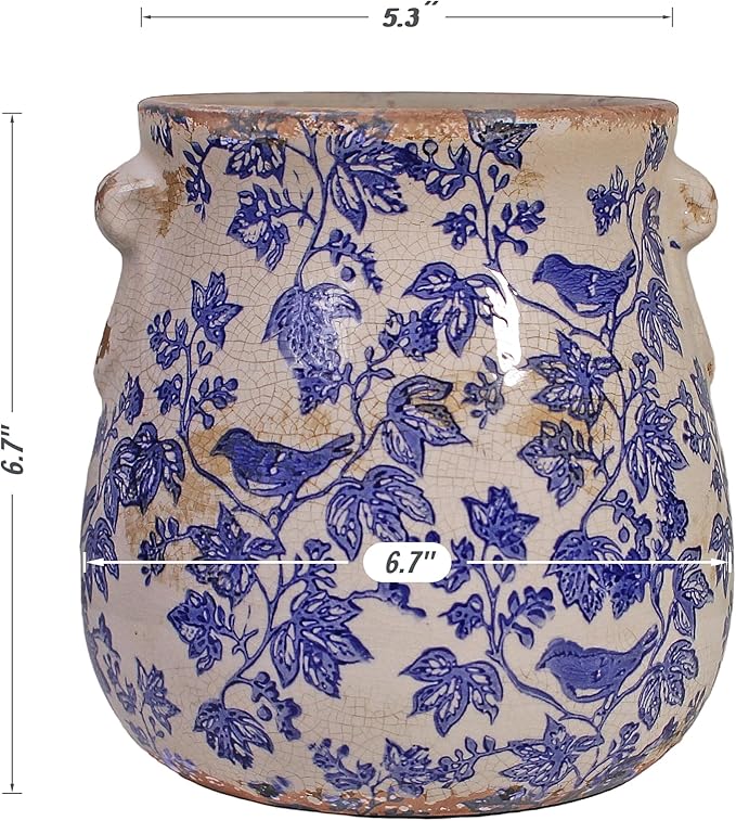 English Country Ceramic Multifunctional Planter, 6.7 Inch Vintage Flower Pot with Drainage Hole, Rustic Chinoiserie Vase & Utensil Holder, Farmhouse Kitchen Garden Decor, Housewarming Gift (Blue Bird)