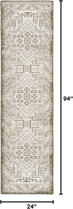 Unique Loom Outdoor Aztec Collection Area Rug - Coba (2' x 7' 10" Runner, Green/ Ivory)
