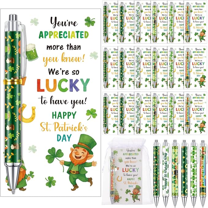 Marspark 30 Set St. Patrick's Day Gifts Bulk Lucky Shamrock Ballpoint Pens and Greeting Cards with Bag Twist Tie for St Patricks Day Employee Coworker School Office Home Irish Party Favor Supplies