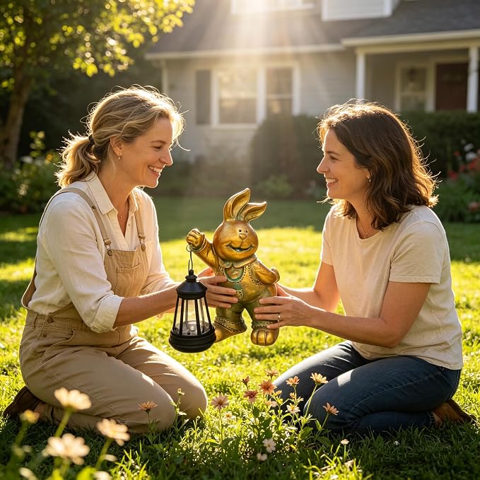 Outdoor Bunny Statue Solar Lantern for Garden Yard Lawn Patio Bronze Rabbit Figurine Decorations Housewarming for Mom Grandma Women
