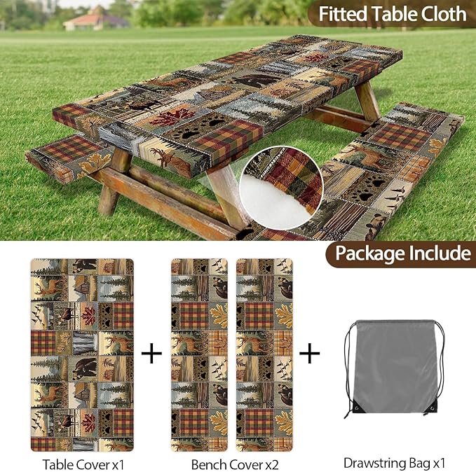 Picnic Table Cover with Bench Covers 6FT 3PCS, Camping Essentials, Fitted Camping Tablecloth Waterproof with Elastic Edge for Indoor Outdoor Patio, 96in, Brown
